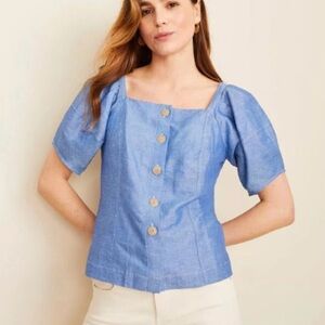 Ann Taylor Chambray Puff Sleeve Button Up Top Sz Medium Petite Blue Linen Blend